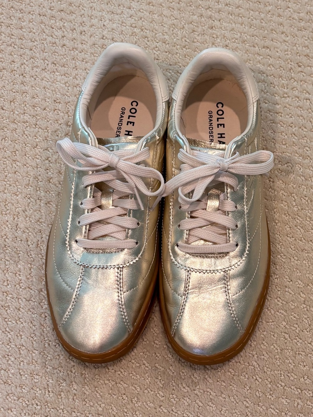 Cole Haan Womens Gold Metallic Lace-Up Sneakers